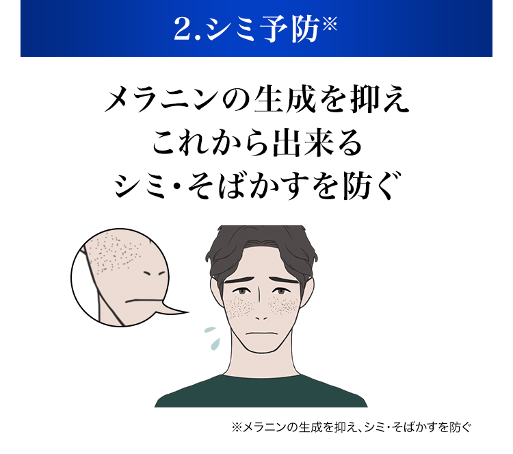 2.シミ予防※メラニンの生成を抑え シミ・そばかすを防ぐ※メラニンの生成を抑え、シミ・そばかすを防ぐ