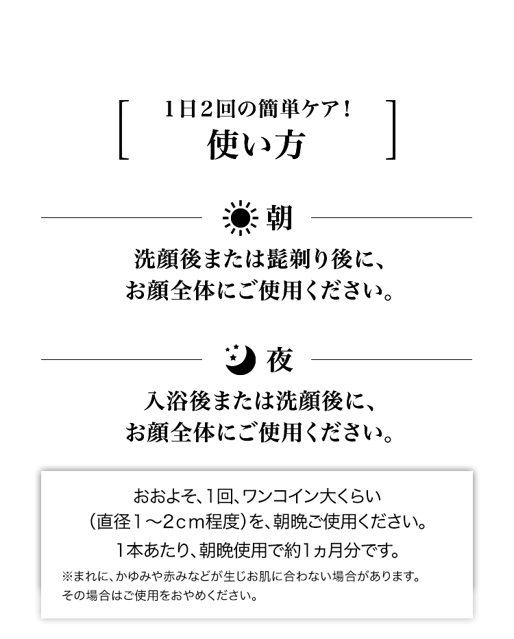 一日２回の簡単ケア！使い方 朝 洗顔後または髭剃り後に、 お顔全体にご使用ください。夜 入浴後または洗顔後に、 お顔全体にご使用ください。おおよそ、1回、ワンコイン大くらい （直径１～2ｃｍ程度）を、朝晩ご使用ください。 ※まれに、かゆみや赤みなどが生じお肌に合わない場合があります。 その場合はご使用をおやめください。