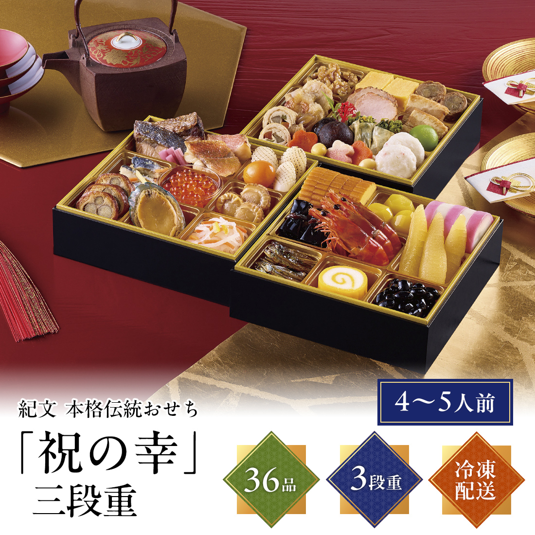 [12月30日お届け 日時配達指定不可]紀文 本格伝統おせち 祝の幸 三段重 <冷蔵>
