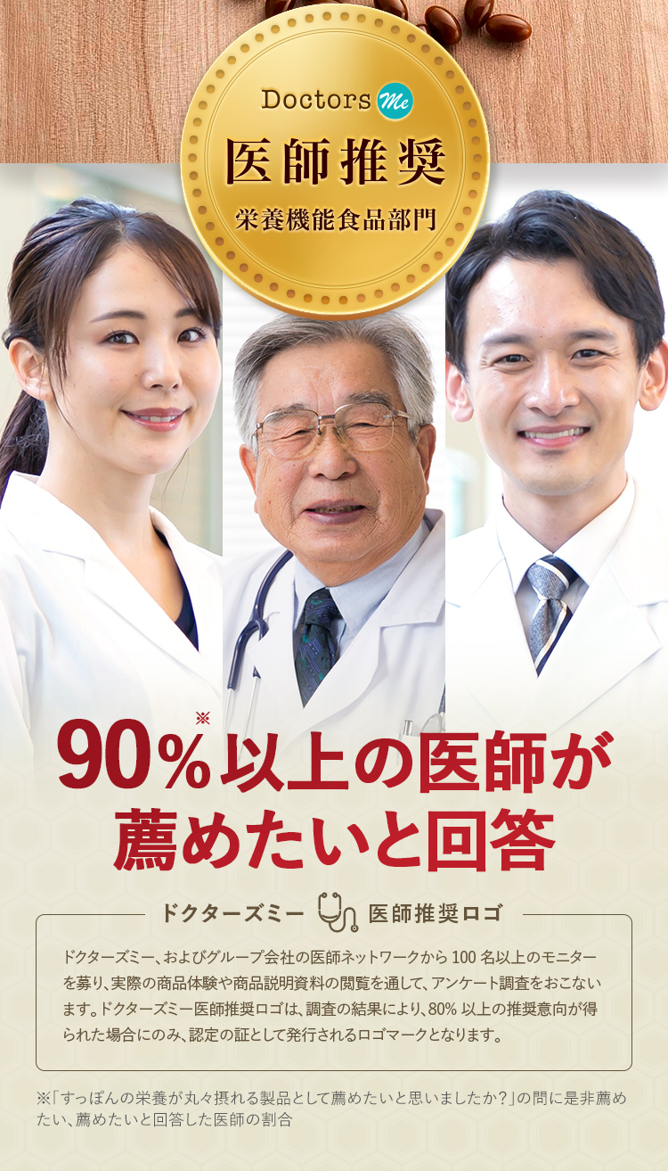 医師推奨 栄養機能食品部門｜90%以上の医師が薦めたいと回答｜医師からの推奨を、獲得しています！