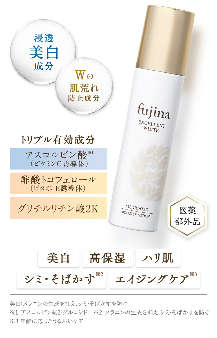 浸透美白成分Wの肌荒れ防止成分トリプル有効成分アスコルビン酸※1（ビタミンC誘導体）酢酸トコフェロール（ビタミンE誘導体）グリチルリチン酸2K医薬部外品美白高保湿ハリ肌シミ・そばかすエイジングケア美白：メラニンの生成を抑え、シミ・そばかすを防ぐ※1 アスコルビン酸2-グルコシド　※2 メラニンの生成を抑え、シミ・そばかすを防ぐ※3 年齢に応じたうるおいケア