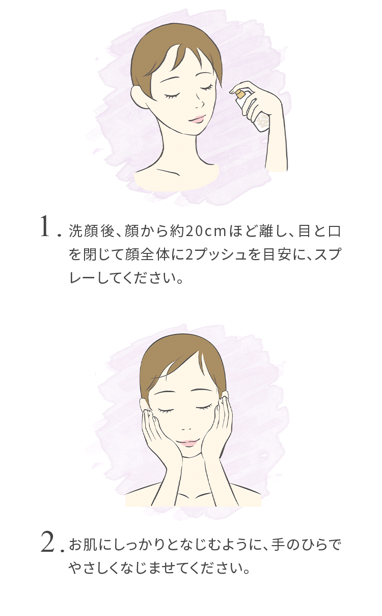 1.洗顔後、顔から約20cmほど離し、目と口を閉じて顔全体に2プッシュを目安に、スプレーしてください。 2.お肌にしっかりとなじむように、手のひらでやさしくなじませてください。